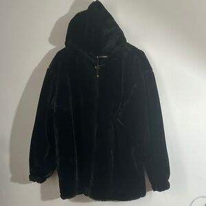 NY Cassics Sports Reversible L Large Black Faux Fur Silk Jacket Coat Hood Size L